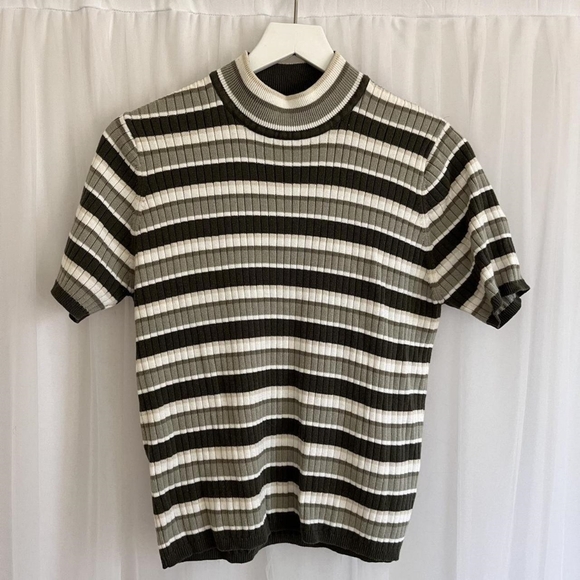 Sweaters - Striped Crewneck Sweater - Olive and Cream